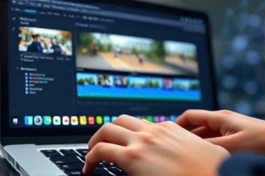 Close-up of hands using a laptop for video editing with AI processing visuals.